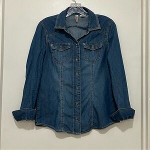 Denim Long Sleeve Button Down Shirt Blue Western Yoke Flap Pockets Size Small